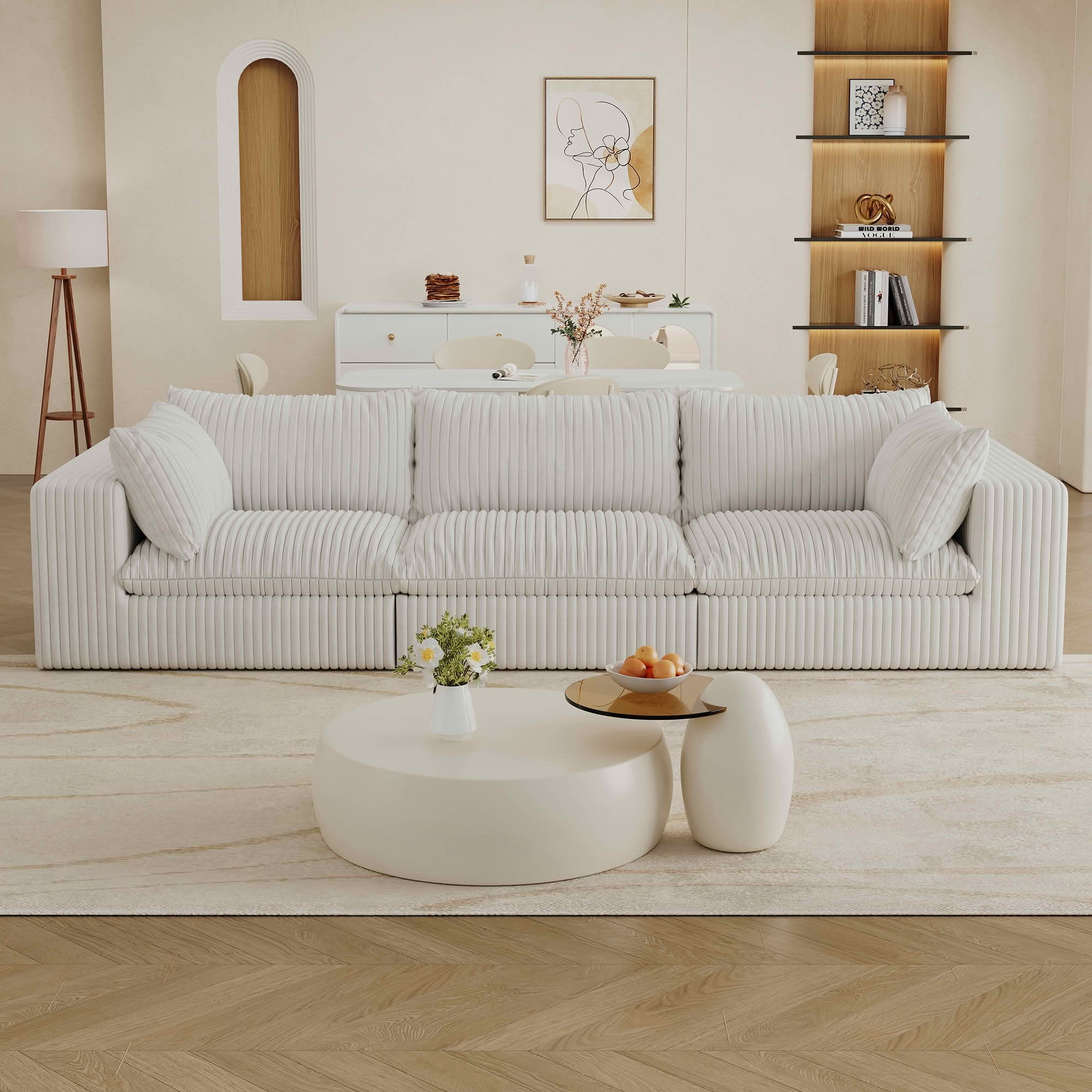 MAYEERTY 118.2 Inch Modular Cloud Sofa, Corduroy Fabric Deep‑Seat Couch, Double‑Layer Removable Cushion, No‑Assembly DIY Combination Sofa for Living Room Bedroom Conference Room Apartment