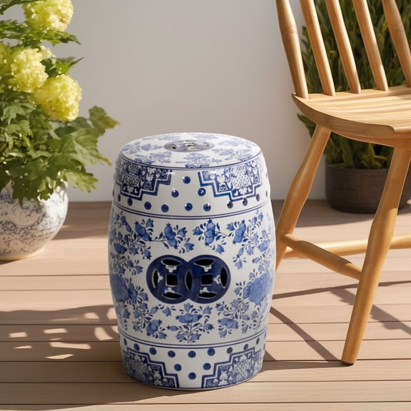 Garden Stool Ceramic Ceramic Eastern Floral Design 18" Blue and White Indoor Outdoor Accent Table Patio Seat Decor