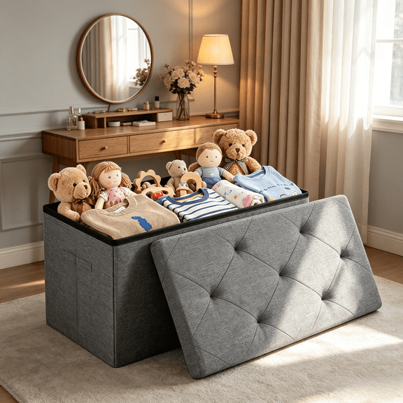 Behome Ottoman with Storage, Foldable storage ottoman bench, 30 Inch End of Bed Bench with Flipping Lid for Bedroom, Living Room,Gray