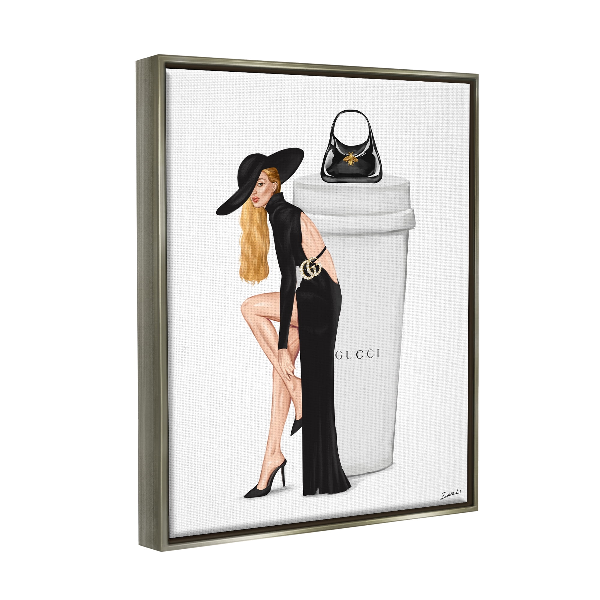 Stupell Industries Trendy Girl & Coffee Cup Food & Beverage Painting Gray Floater Framed Art Print Wall Art, 17 x 21