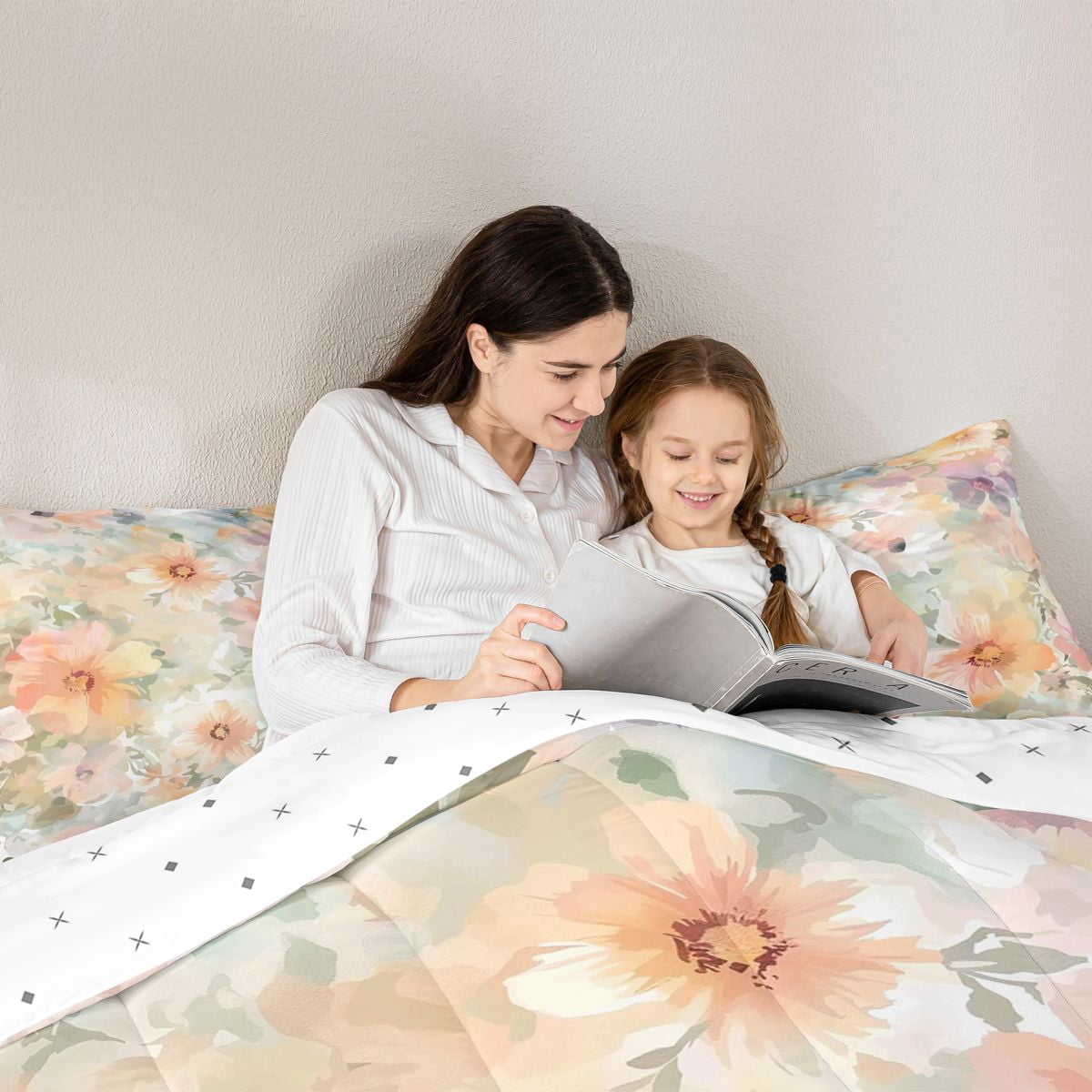 Homewish Spring Flower 7-Piece Twin Bedding Sets,Oil Painting Aesthetic Bedding Comforter Set,Beige Pink Sheet Sets For Girl Kids,Breathable Home Decor Reversible