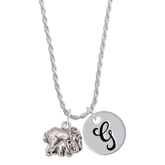 Delight Jewelry Silvertone Loved Elephant with Baby Silvertone Script Initial Disc - G - Charm Necklace, 20"+3"