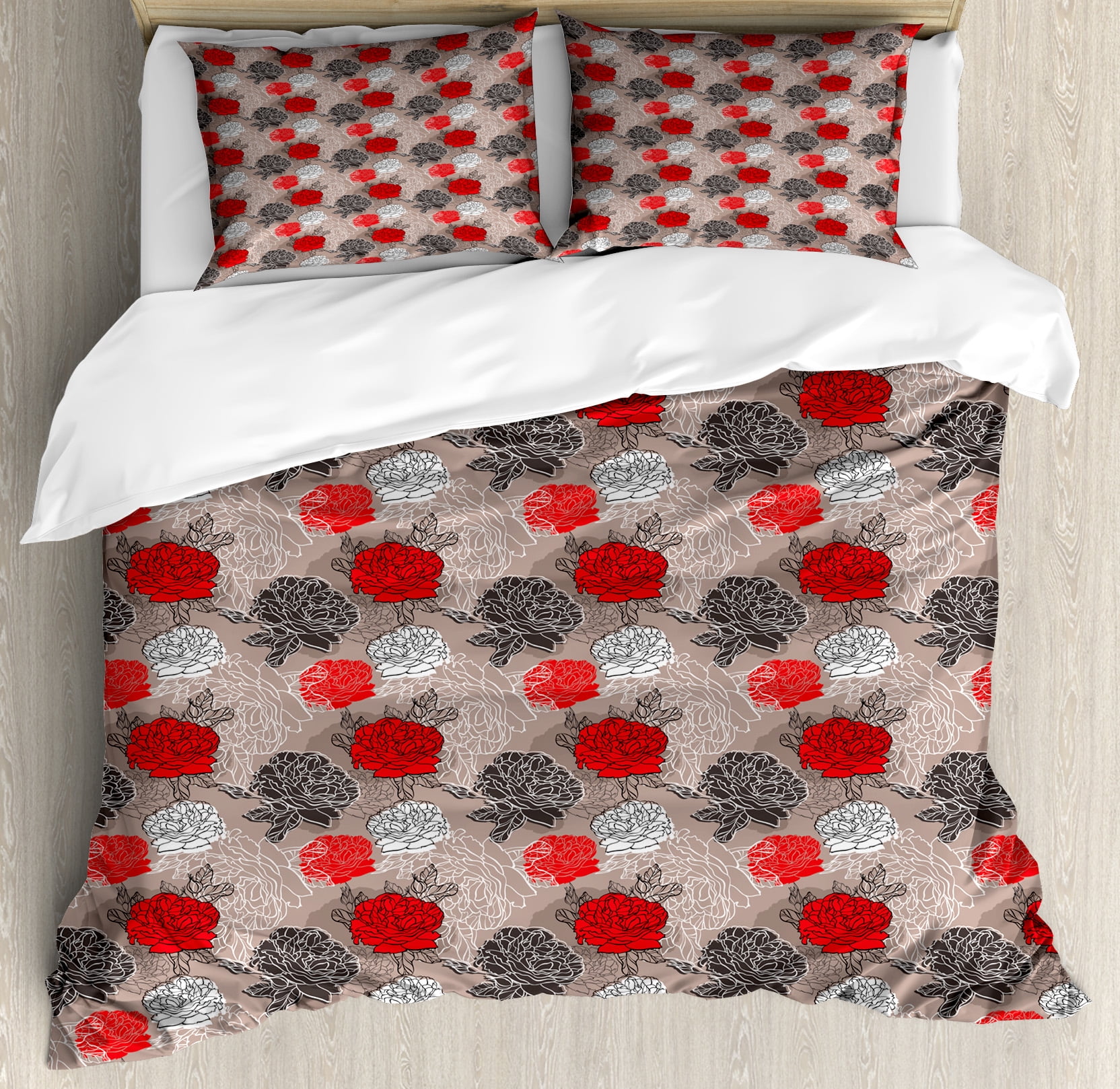 Red And Black King Size Duvet Cover Set Blossoming Peonies Vintage Red And Black King Size Duvet Cover Set Blossoming Peonies Vintage Botanical Composition Abstract Petals Buds Decorative 3 Piece Bedding With 2