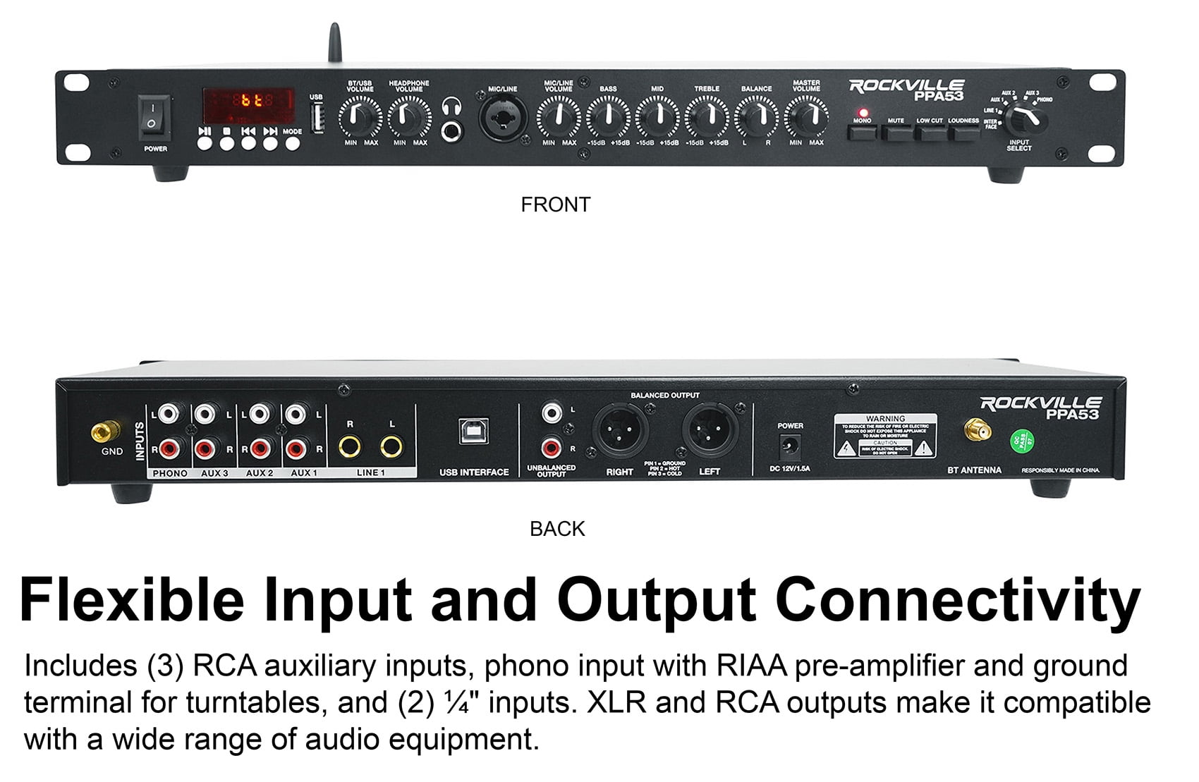 Rockville PPA53 Preamp Pro 1U Pre-Amplifier w/Bluetooth/USB/Computer Interface