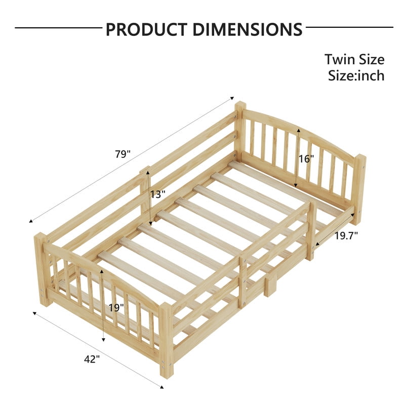Bellemave Twin Floor Bed with Safety Guardrails, Montessori with Rails and Openings, Twin Size Bed Frame with Fence and Slats, No Box Spring Needed（Natural)