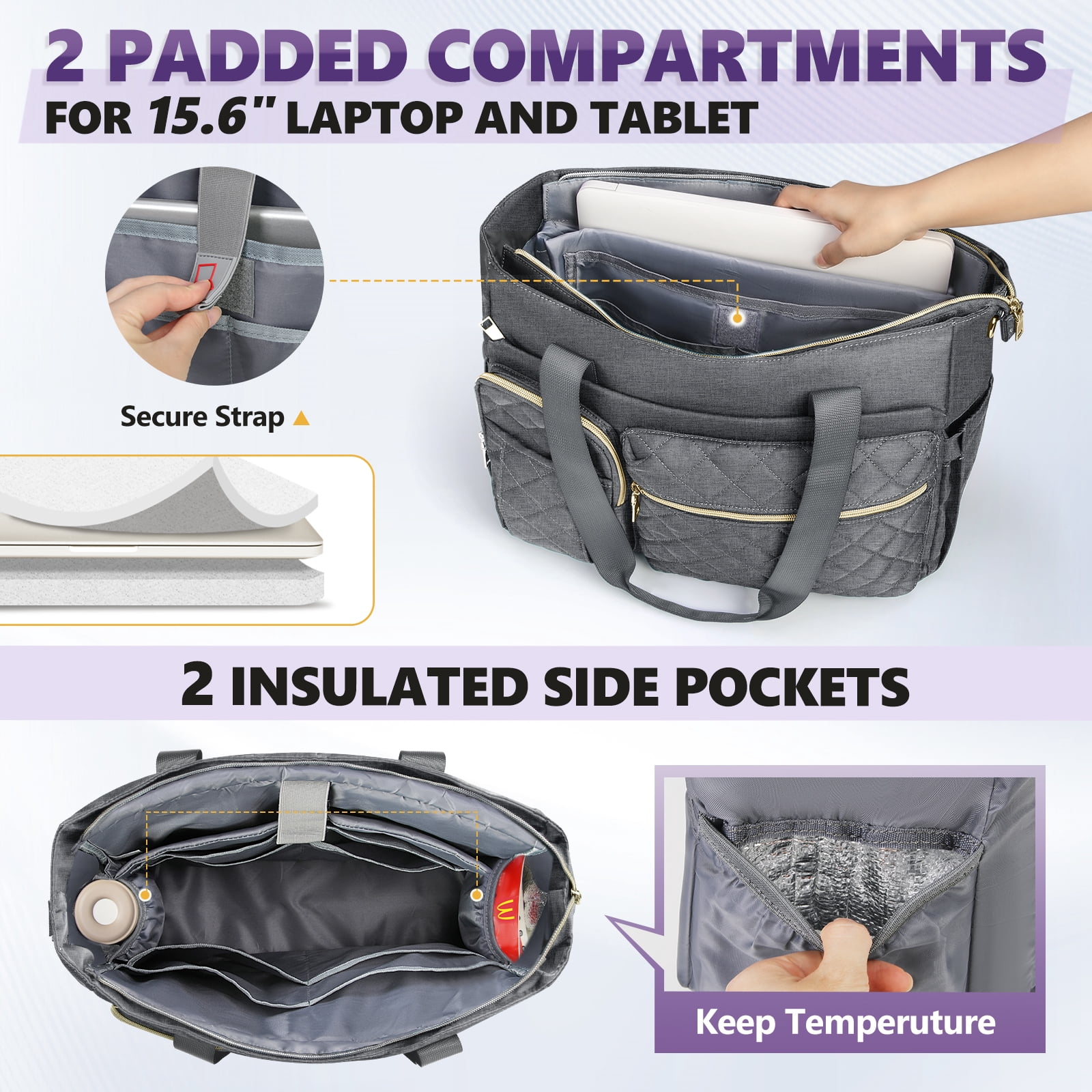 Teacher Tote Bag 15.6 inch Laptop Bag for Women Laptop Briefcase Work Bags Nurse Tote Professional Computer Messenger Shoulder Bags for Office, College, Nursing,Grey