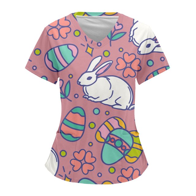 iTNHFP Spring Clothes For Women 2025 Women Comfotable Easter Day Printed Short Sleeve V Neck Holiday Patterned Working Tshirts Blouse Tops With Pockets