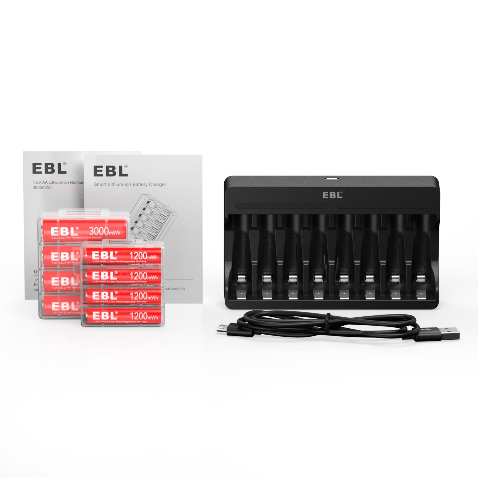 EBL 4-Pack 1.5V AA Rechargeable Batteries & Lithium AAA Batteries (4 Pack) with 8 Slots Smart Battery Charger
