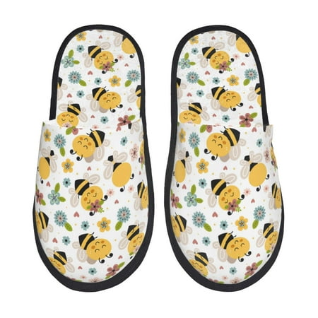 

Adobk Bee and Flowers Print Slippers Indoor Outdoor Retro Slippers House Soft Fluffy Slides Cushion Furry Slippers-Medium