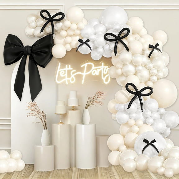 Black Bow Balloon Arch Kit, Pearl White Balloons with Extra Large Satin Ribbon, Birthday Wedding Party Decorations, DIY Garland Set for Bridal Shower, Engagement, Graduation