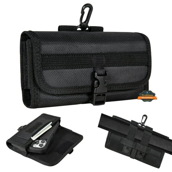 For Apple iPhone 15 Plus /15 Pro Max Universal Pouch Case Horizontal Phone Holster Nylon Cover with Front Buckle, Belt Clip Loop & Hook Carabiner Large - Black