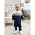 thumbnail image 4 of RUINIXCW Toddler Baby Boy Fall Winter Clothes Infant Baby Boys 2 Pieces Outfit Textured Contrast Color Long Sleeve Crewneck Sweatshirts and Joggers Pants Set, 4 of 9