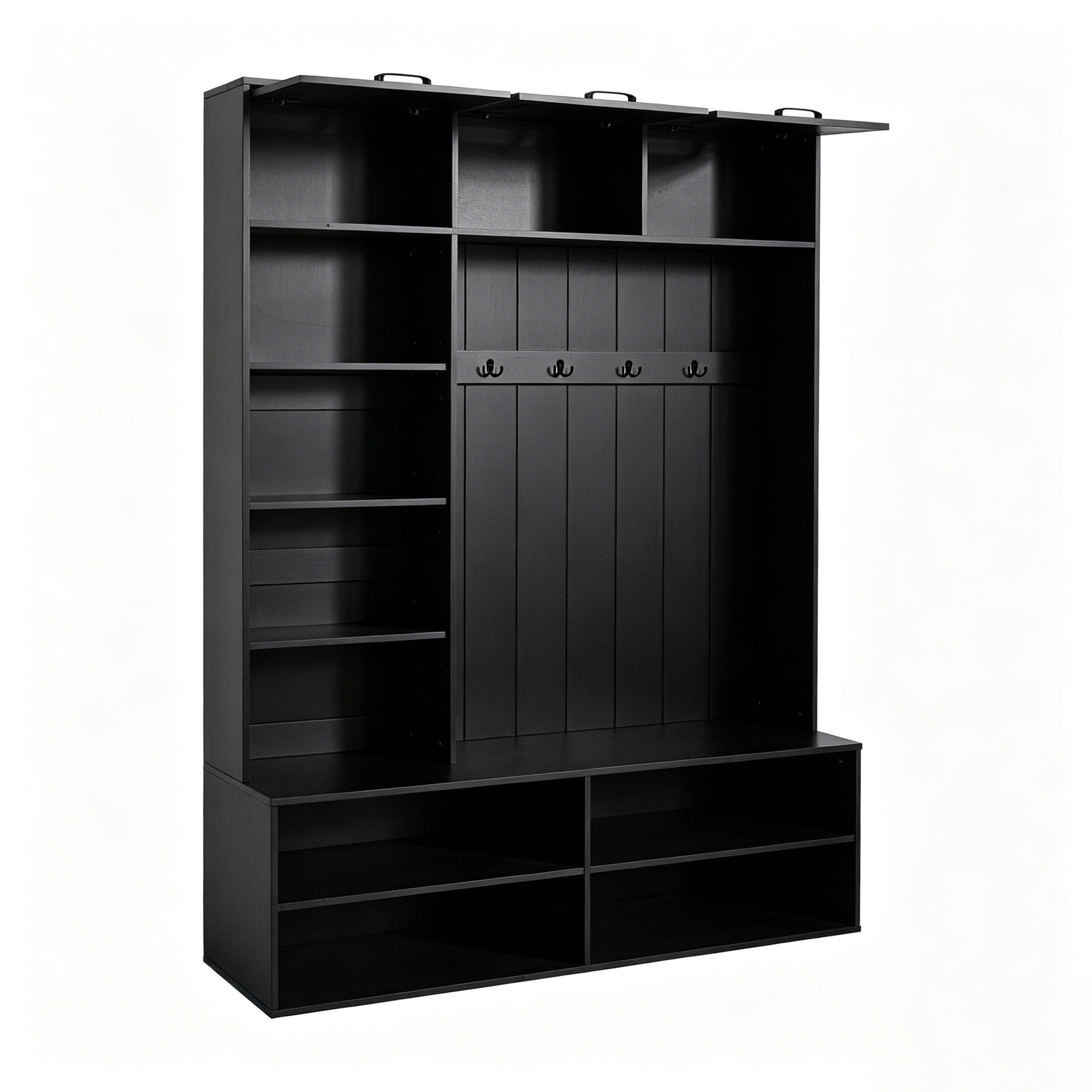Leumius Hall Tree with Bench and Shoe Storage,76.9''H 5-in-1 Farmhouse Entryway Bench with Coat Racks,Tall Entryway Storage Organizer Cabinet with 4 Hooks for Hallway, Entryway, Living Room,Black