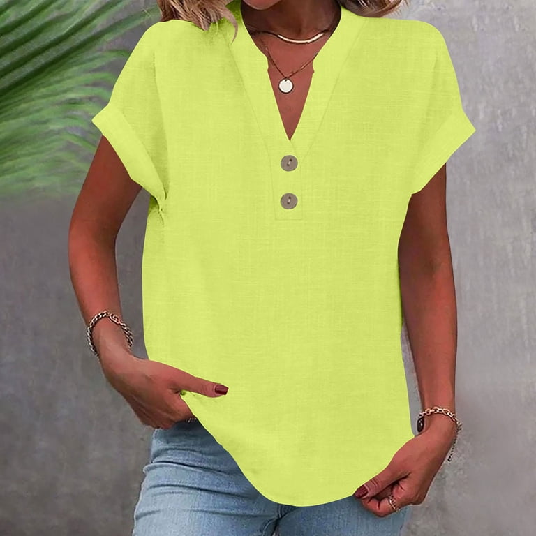 Summer 2025 Women Cotton Linen Short Sleeve V-Neck Tunic Blouse - Casual Button Shirt