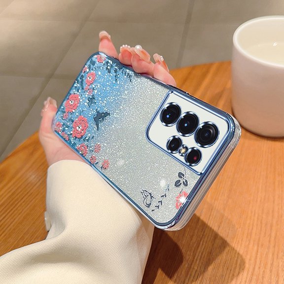 Sparkle Glitter Case for Samsung Galaxy S21 Ultra, Flower Butterfly Pattern Plating Cover for Women Girls, Clear Back   Shining Paper Rugged Shockproof Non-Yellowing Anti-Scratches Case,Blue
