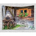 thumbnail image 1 of Shutters Decor Tapestry, Weathered Old Window with Flowers in Pot Wheels Farmhouse Rural Scene , Wall Hanging for Bedroom Living Room Dorm Decor, 80W X 60L Inches, Brown Green Red, by Ambesonne, 1 of 2
