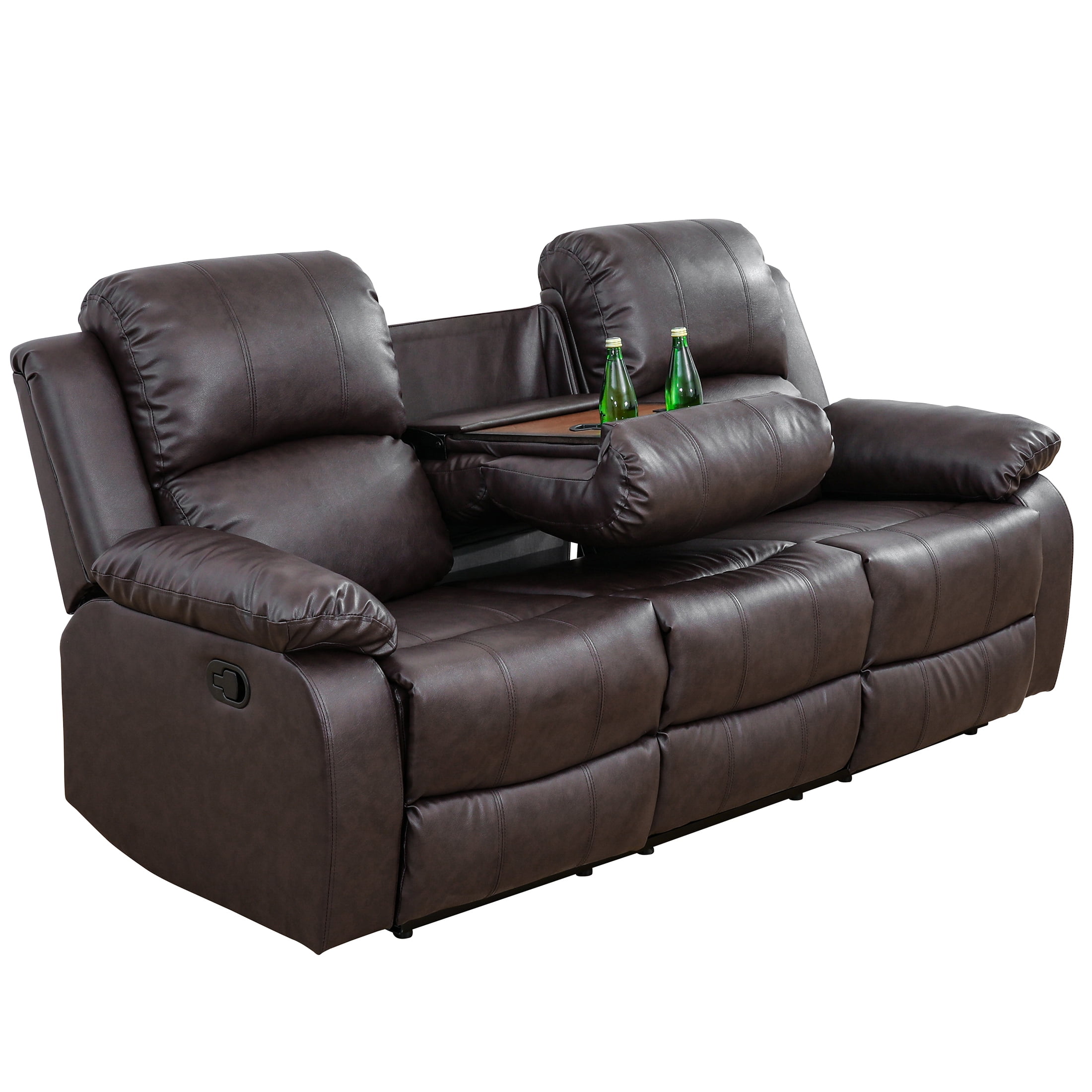 AUKFA 3 Seats Recliner Sofa Chair, Home Theater Sofa with Flipped Backrest and Cupholder, Brown