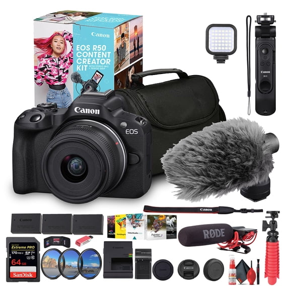 Canon EOS R50 Mirrorless Camera with 18-45mm Lens Creator Kit (Black)   64GB Card   Bag   More