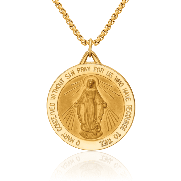 14K Solid Yellow Gold Our Lady of Miraculous Medal Blessed Virgin Mary Necklace Chain Pendant Charm