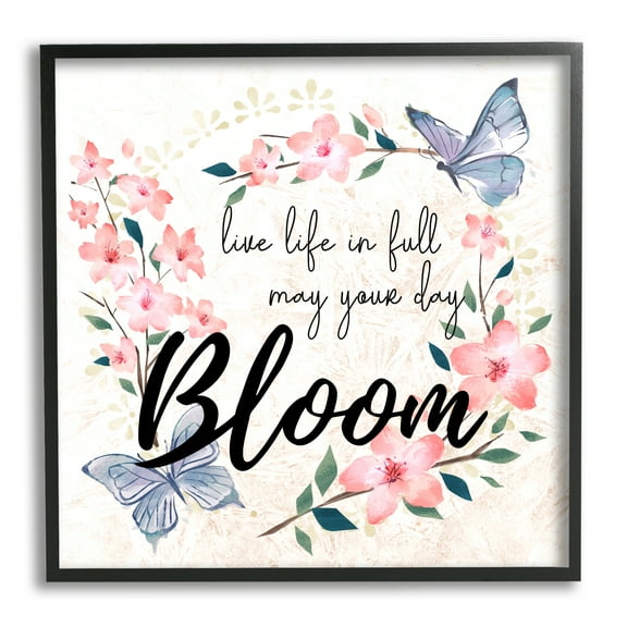 Stupell Industries May Your Day Bloom Quote Blue Butterflies Pink Blossoms, 24 x 24, Design by Ziwei Li