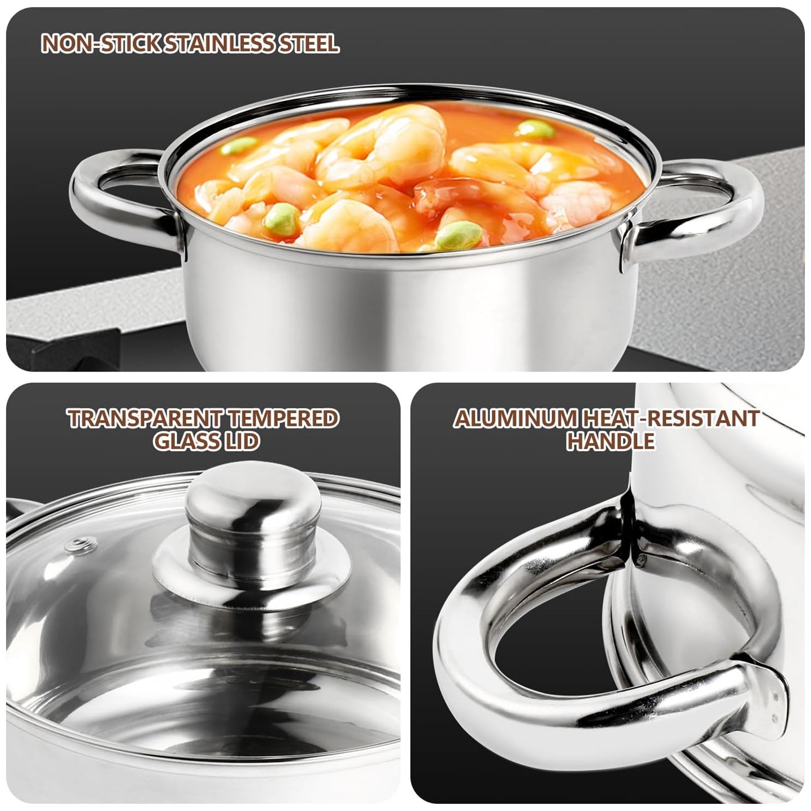 Leyeet Home Kitchen Cookware Sets, 10 Pcs Non Stick Stainless Steel Soup Pot Set, Double Handle Soup Pot with Lids, Large Saucepan Compatible with All Cooktops for Gas, Electric and Induction