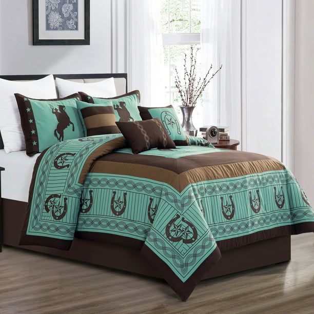 7 Piece Southwestern Teal Brown Horse, Teal And Brown Bedding Sets King