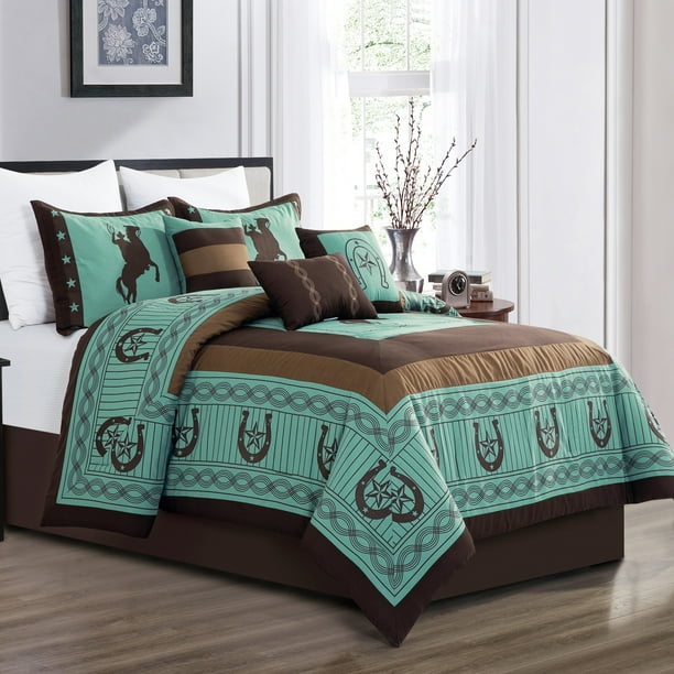 7 Piece Southwestern Teal Brown Horse Rider Comforter Set King Size Com 7 Piece Southwestern Teal Brown Horse, Teal And Brown Bedding Sets King
