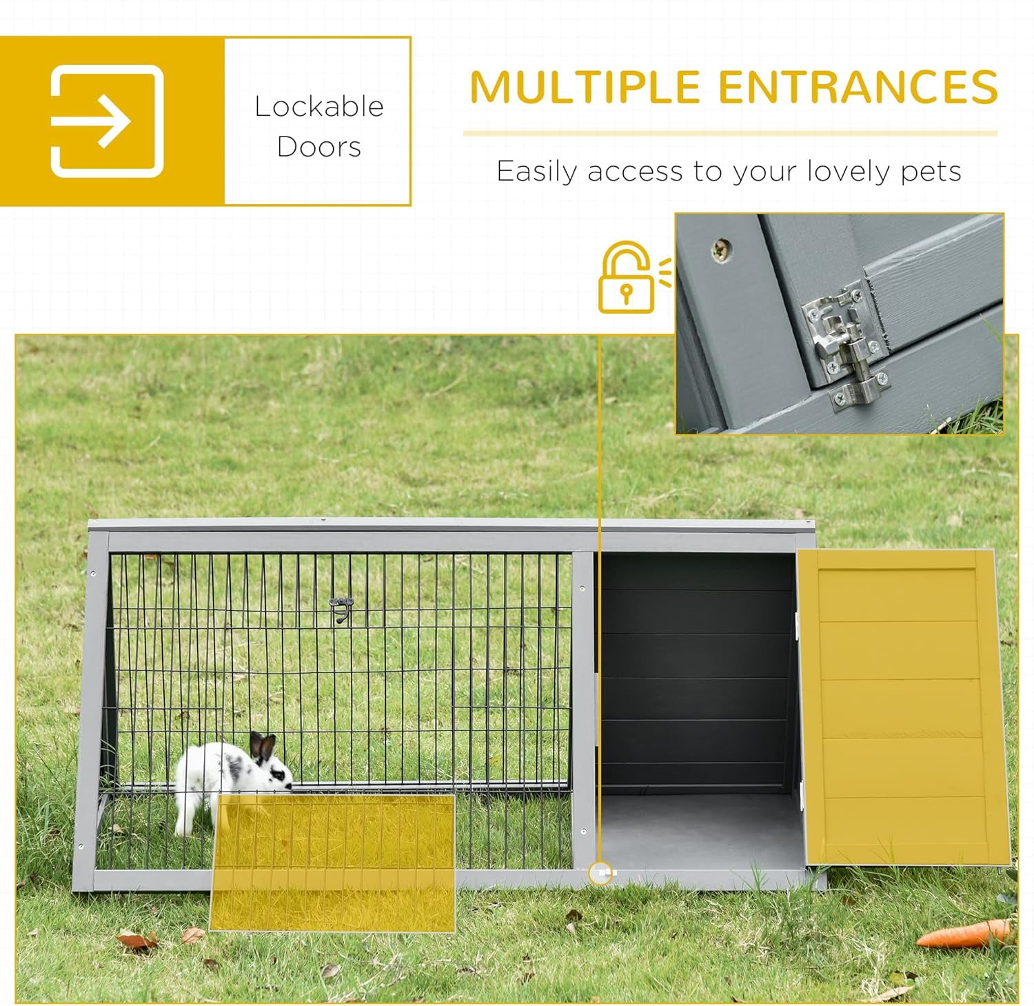 WSWJY 46" x 24" Wooden A-Frame Outdoor Rabbit Hutch, Small Animal Cage, Bunny Hutch with Outside Run & Ventilating Wire, Gray