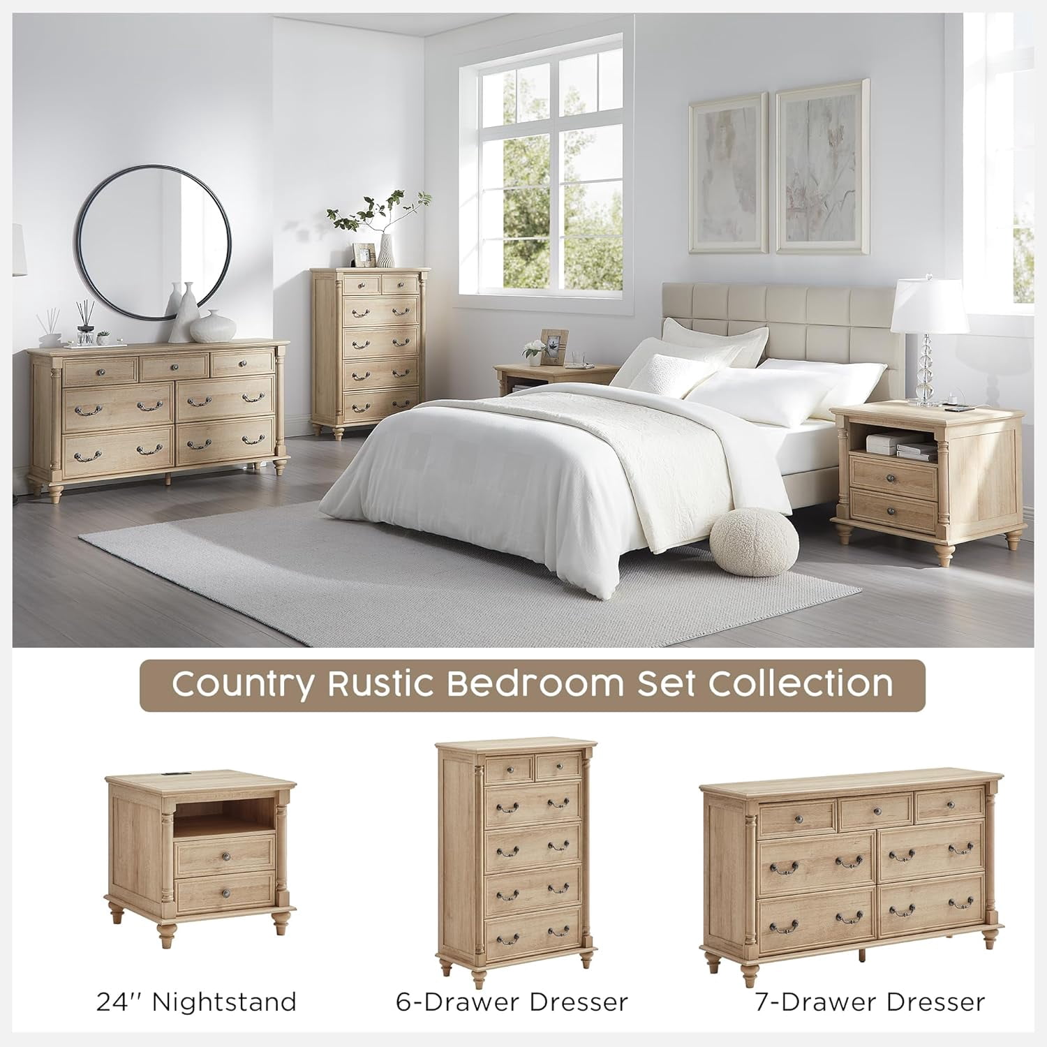 OKD Wood Nightstand with Charging Station for Bedroom, Farmhouse End Side Table with 2 Drawers for Living Room, Natural Oak