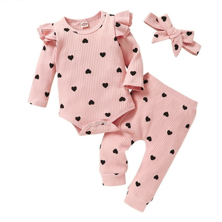 Baby Girl Winter Clothes Toddler Girls Long Sleeve Romper and Pant Headband Outfits 3pcs Set for 0-3 Months