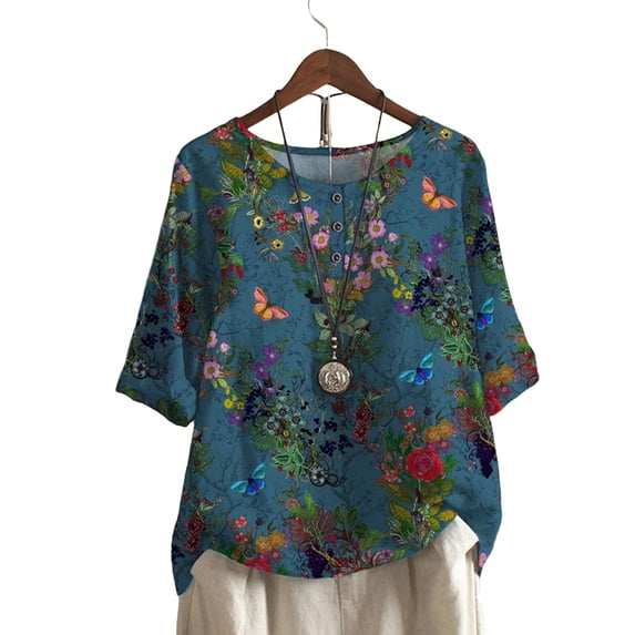 FASHIONWT Women Retro Half Sleeve Round Neck Floral Blouse