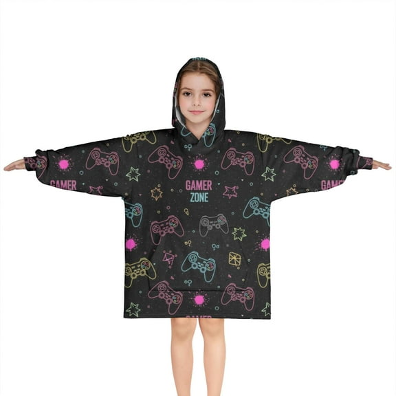 Neon Controllers Games Icons Black Pattern Blanket Hoodies for Kids 6-13YR Oversize Wearable Blanket Hoodies for Boys Girls Teens