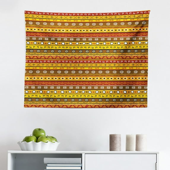 Prehistoric Tapestry, Cartoon Aboriginal Feathers Sun Art Illustration, Fabric Wall Hanging Decor for Bedroom Living Room Dorm, 2 Sizes, Pale Khaki and Multicolor, by Ambesonne