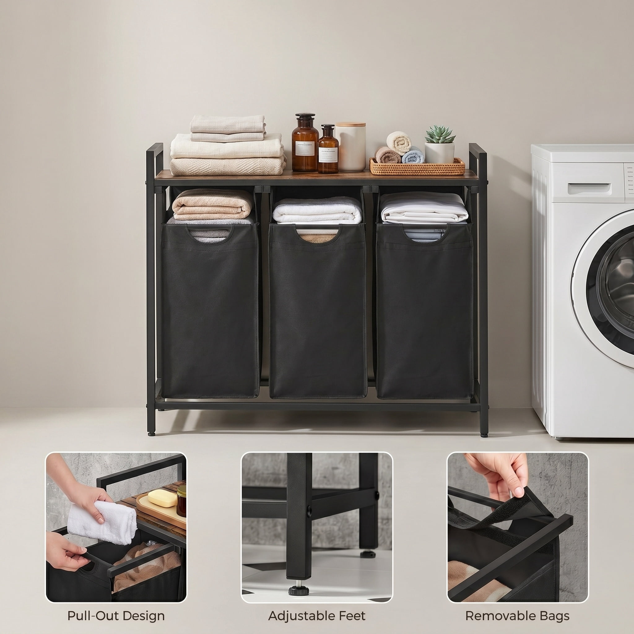 Nordic Hygge 3-Bag Laundry Sorter with Storage Shelf, Ink Black & Rustic Brown