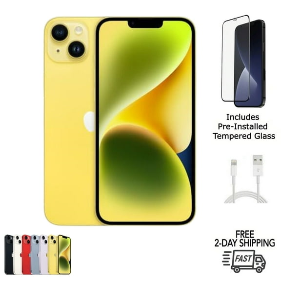 Restored Apple iPhone 14 Plus A2632 (Fully Unlocked) 128GB Yellow Bundle with Pre-Installed Tempered Glass (Refurbished)