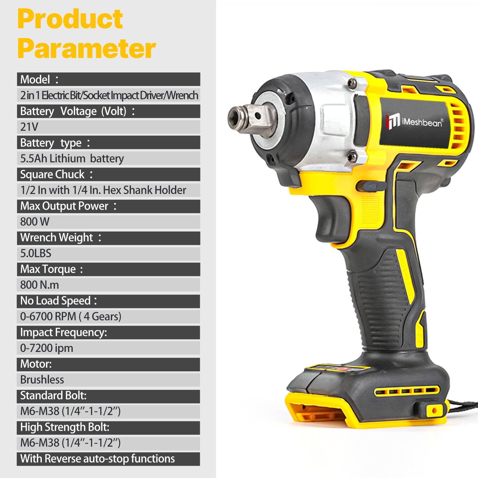 iMeshbean High Torque 1/2" Cordless Impact Wrench 3 IN 1 Compatible with Dewalt 20V Battery (No Battery)