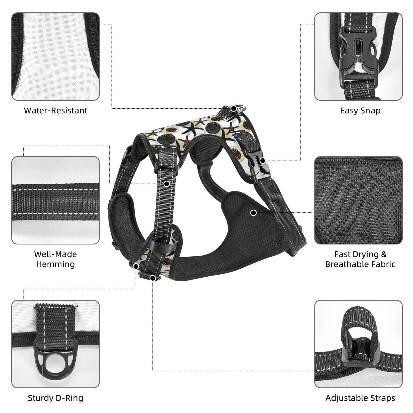 Kdxio Sea ​​Urchin Print No Pull Dog Harness Adjustable Reflective Oxford Easy Control Medium Large Dog Harness for Training and Everyday-Small