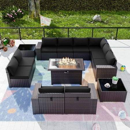 Gotland 13 Pieces Outdoor Patio Furniture with 43 50000BTU Gas Propane Fire Pit Table PE Wicker Rattan Sectional Sofa Patio Conversation Sets Black