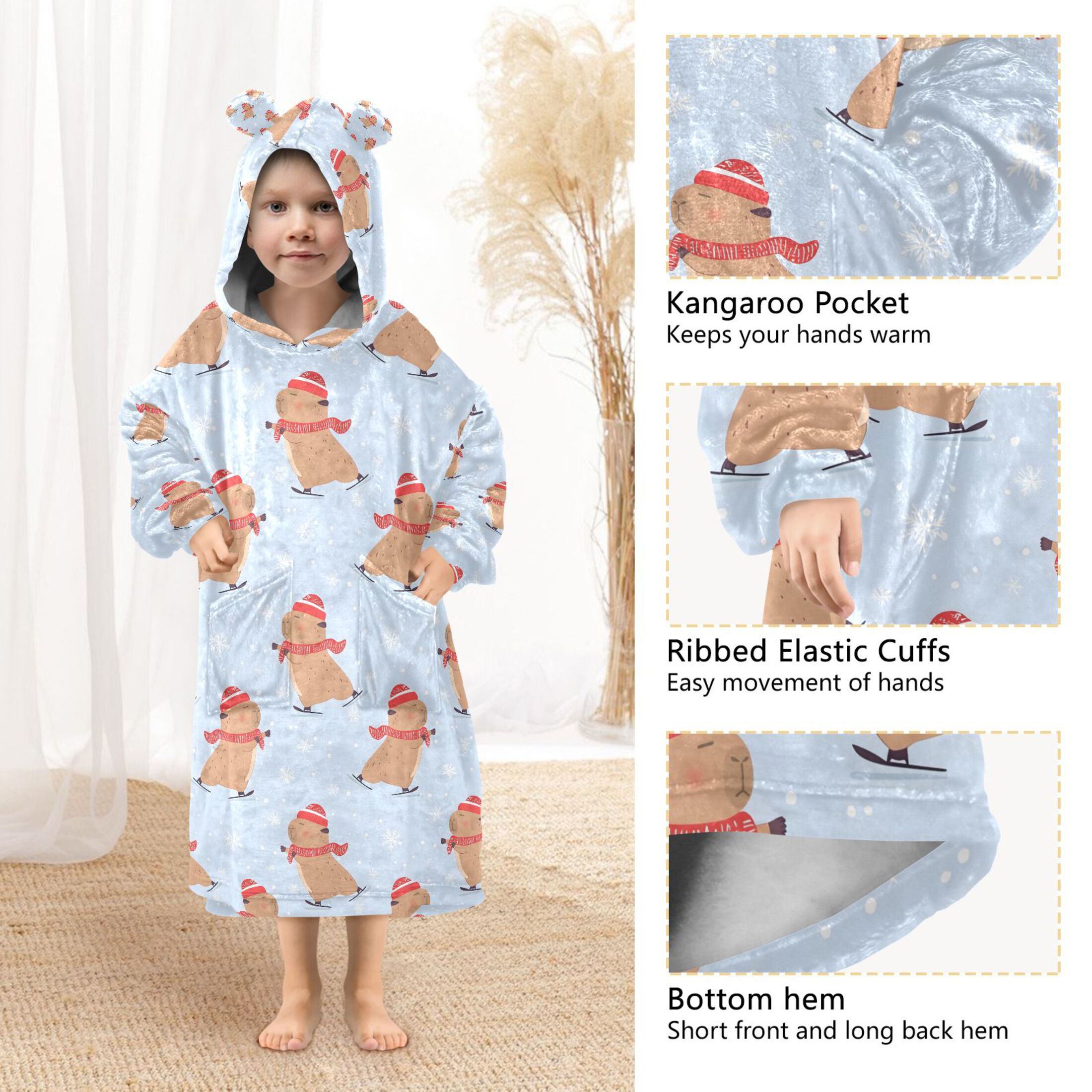 Wearable Blanket Hoodie for Capybara Skate Snowflake Pattern Flannel Hooded Blanket with Pockets and Sleeves Suitable