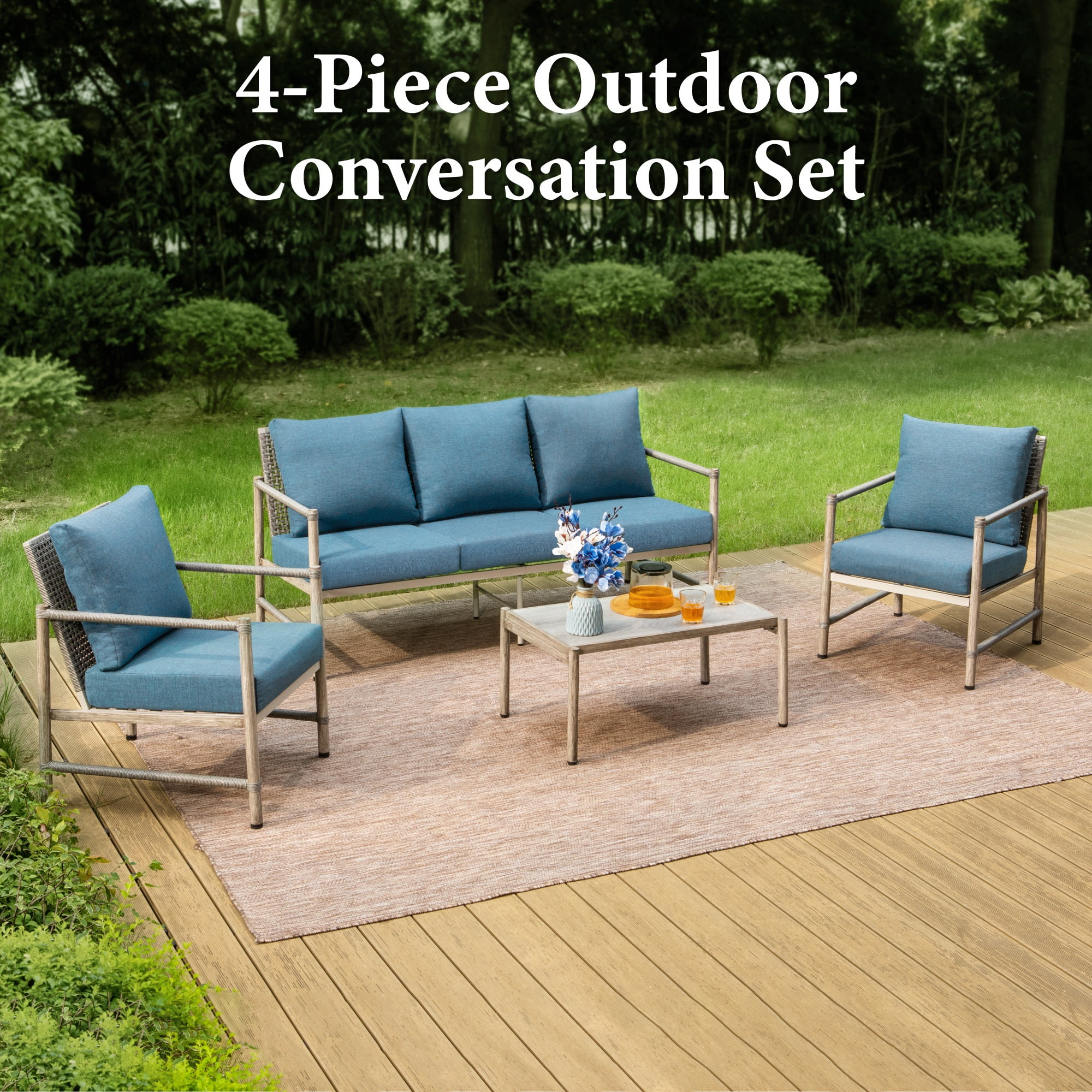 MF Studio 5-Seat Outdoor Patio Furniture Set with Wicker High Back Sofa, Wood-Grain Outdoor Conversation Set  for 5, Blue