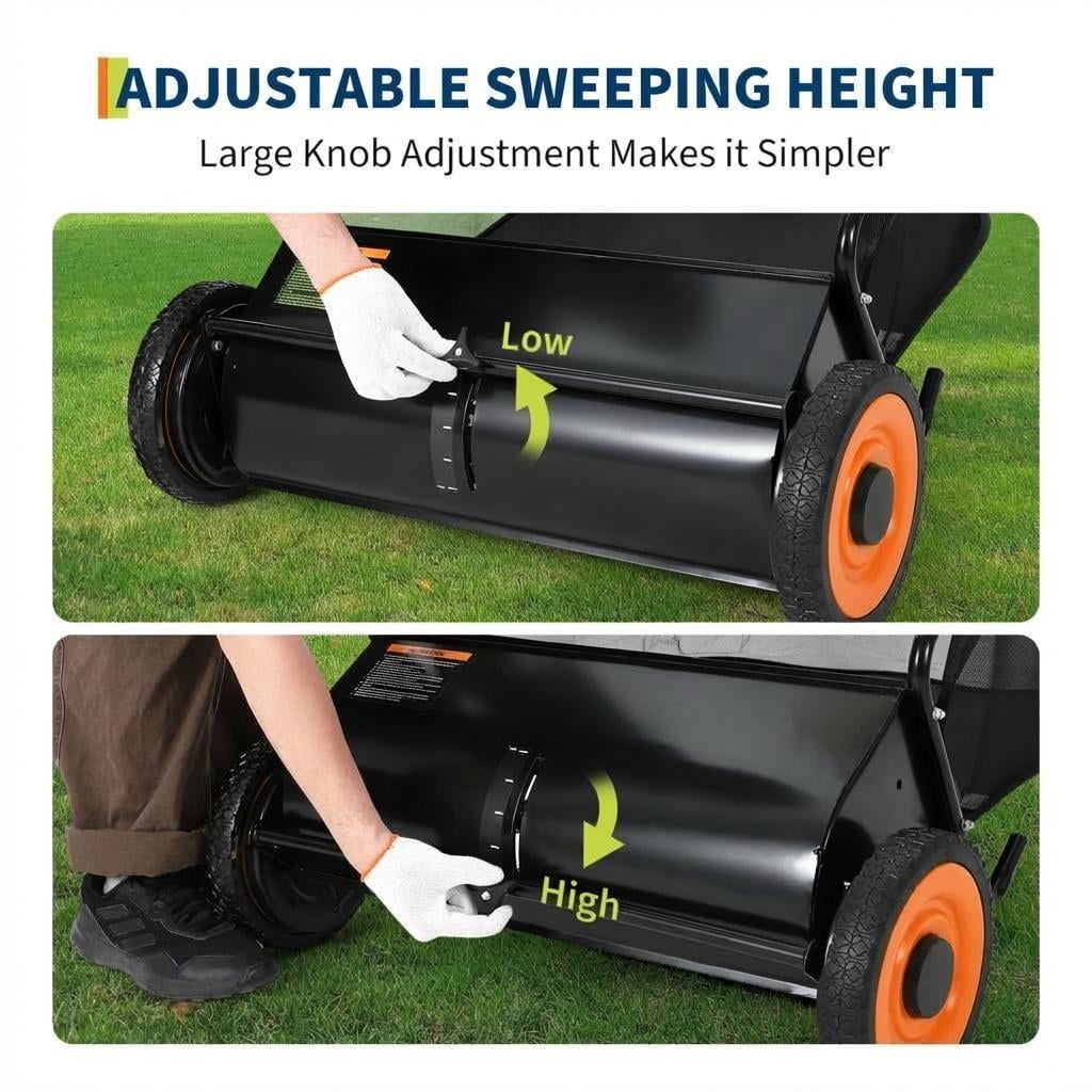 AIKKYS 26 Inch Heavy Duty Push Lawn Sweeper with 4 Spinning Brushes,Steel Frame 7 Cu. Ft. Leaf & Grass Collector,Adjustable Height,Black-Orangre Wheels