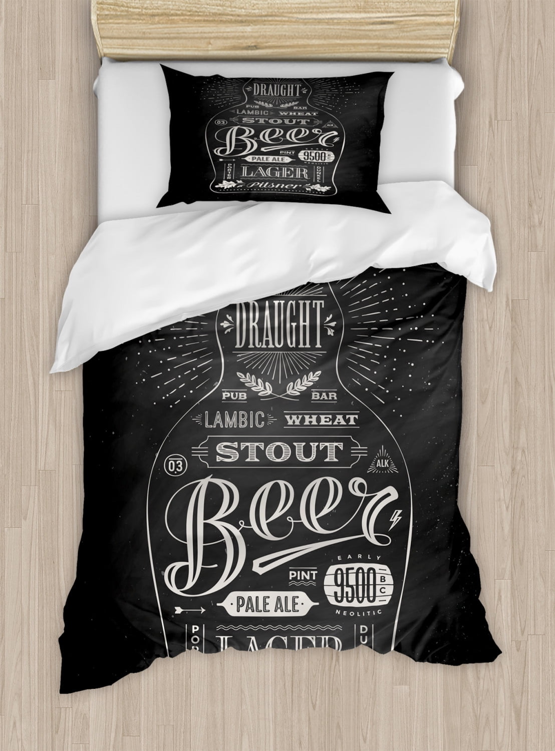 Alcohol Duvet Cover Set Twin Size, Bottle of Beer with HandDrawn