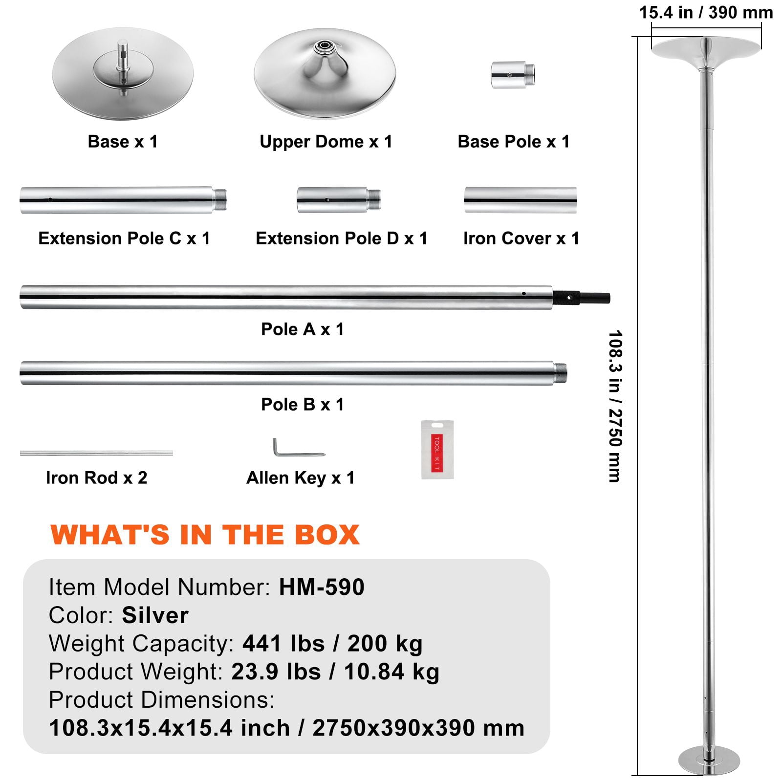 Professional Dancing Pole, Spinning Static Dancing Pole Kit, Portable Removable Pole, 45mm Heavy-Duty Stainless Steel Pole, Height Adjustable Fitness Pole, for Exercise Home Club Gym, Silver