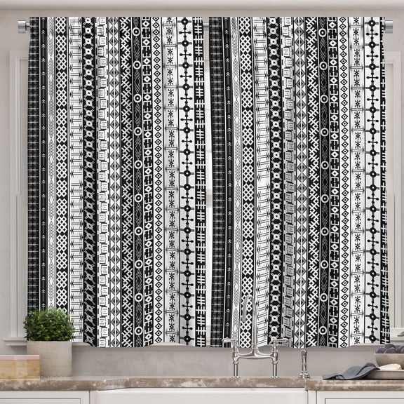 Ambesonne Prehistoric Kitchen Curtains, Tribal Motif Pattern, 55"x39", Black White