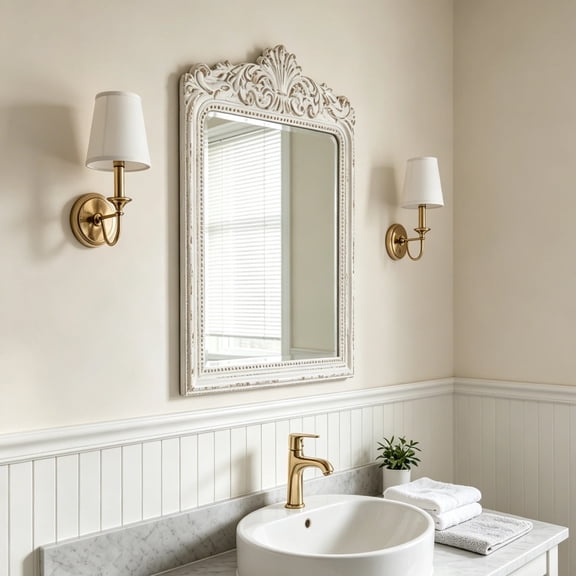 Sintosin Vintage Wall Mirror, Distressed White Rustic Arched Design, 24" x 36", Ornate Baroque Bathroom Antique Mirror