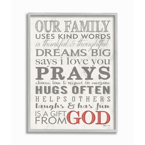The Stupell Home Decor Our Family Dream Pray Grey Red and White Typography Gray Framed Texturized Art