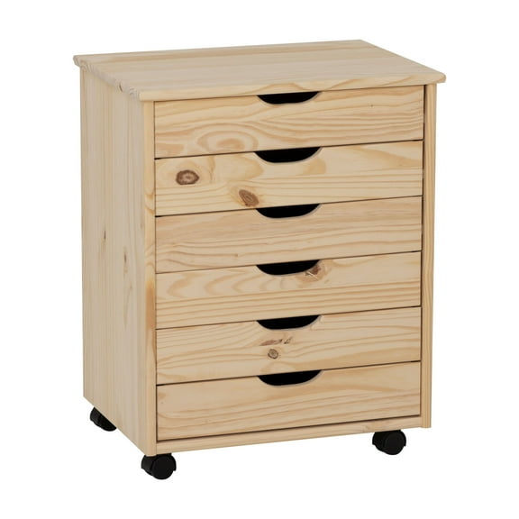 Callie 6 Drawer Wide Rolling Storage Cart in Sturdy Unfinished Pine Wood