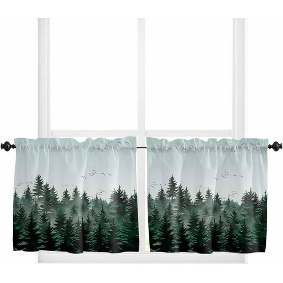 Pine Tree Forest Kitchen Curtain 24 Inch Length Small Short Cafe Tiers Curtains Drape, 2 Panel Window Treatment Rod Pocket Drapery Panels Curtains, Green Landscape Nature Decor 55x24
