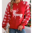 thumbnail image 5 of Suéter de punto de cuello redondo suelto para mujer Otoño Invierno 2024 Suéter informal de manga larga con renos a cuadros Top navideño, 5 of 5