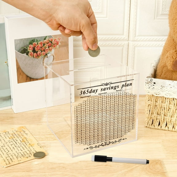 Acrylic Piggy Bank Transparent Money Saving Box Break to Open Cash and Change Saving Jar 365 Days Money Box for Adults Kids Teens